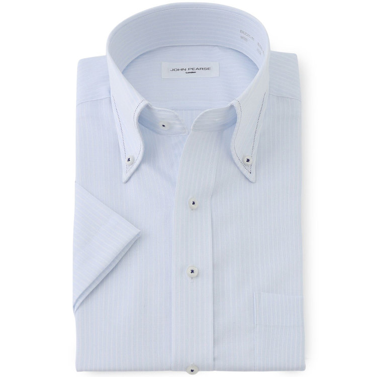 ジョンピアース 【半袖】【JOHN PEARSE White】【形態安定】ボタンダウンドレスシャツ/サックス×ホワイトストライプ/ネイビーステッチ/ULTRA BREATH COOL 青淡色