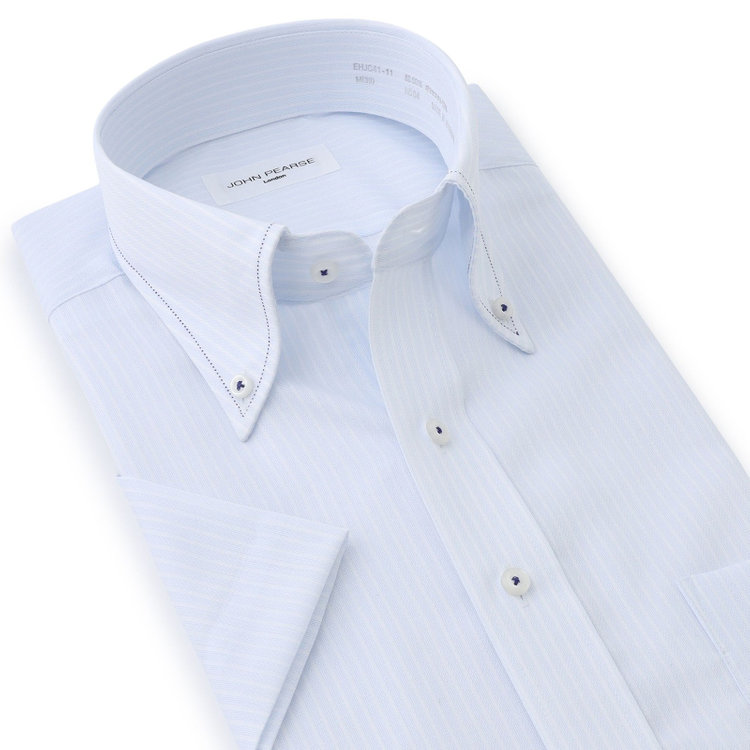 ジョンピアース 【半袖】【JOHN PEARSE White】【形態安定】ボタンダウンドレスシャツ/サックス×ホワイトストライプ/ネイビーステッチ/ULTRA BREATH COOL 青淡色