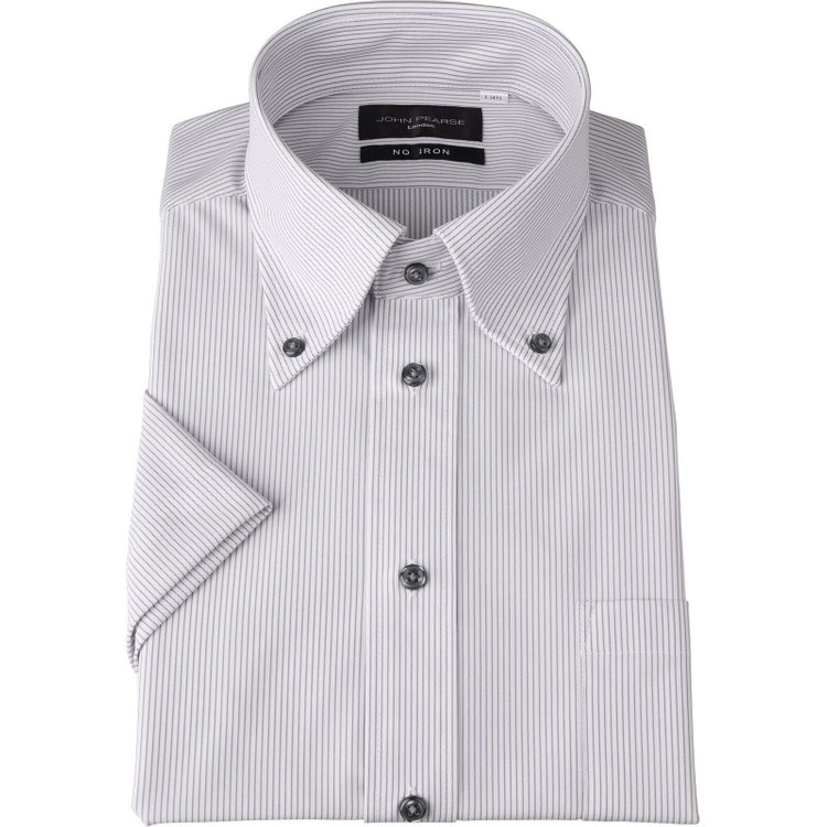 【WEB限定/OUTLET/汚れ・キズ等有】【半袖】【JOHN PEARSE Black】【ノーアイロン】ボタンダウンドレスワイシャツ/ホワイト×グレーストライプ/釦・釦付糸：グレー/ULTRA MOVE/ニット素材