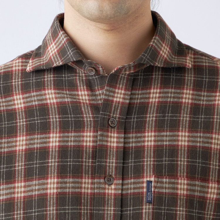 スタンリーブラッカ 【stanley blacker new york】【秋冬】フランネルチェックカッタウェイシャツ/ブラウン×カーキ 茶中間