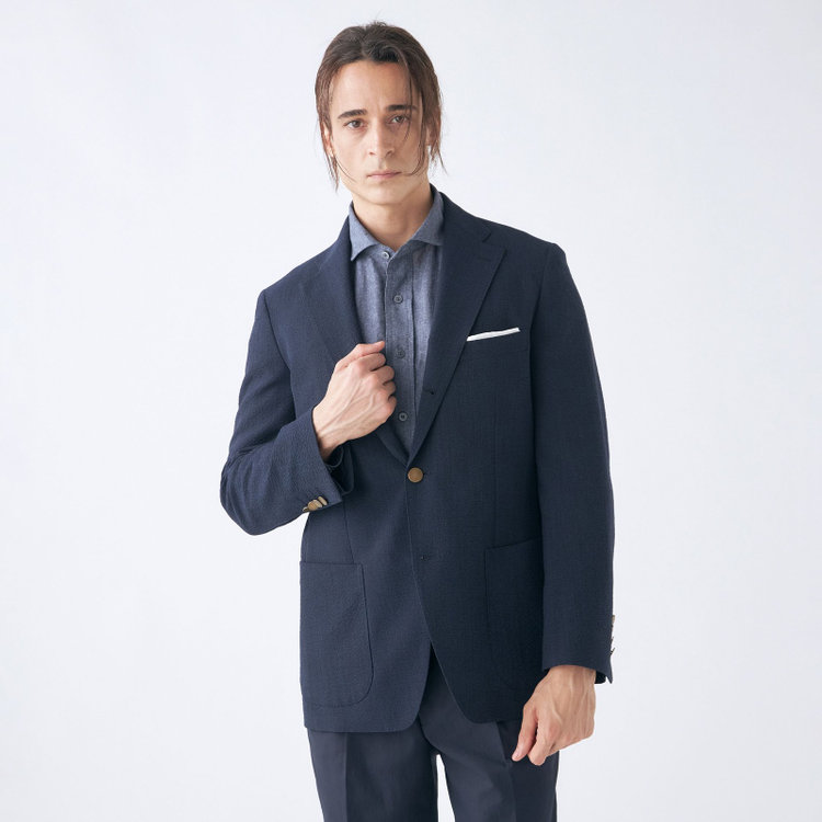 スタンリーブラッカ 【stanley blacker new york】【春夏】2釦シングルジャケット/ネイビー/ストレッチ＆サッカー 紺濃色