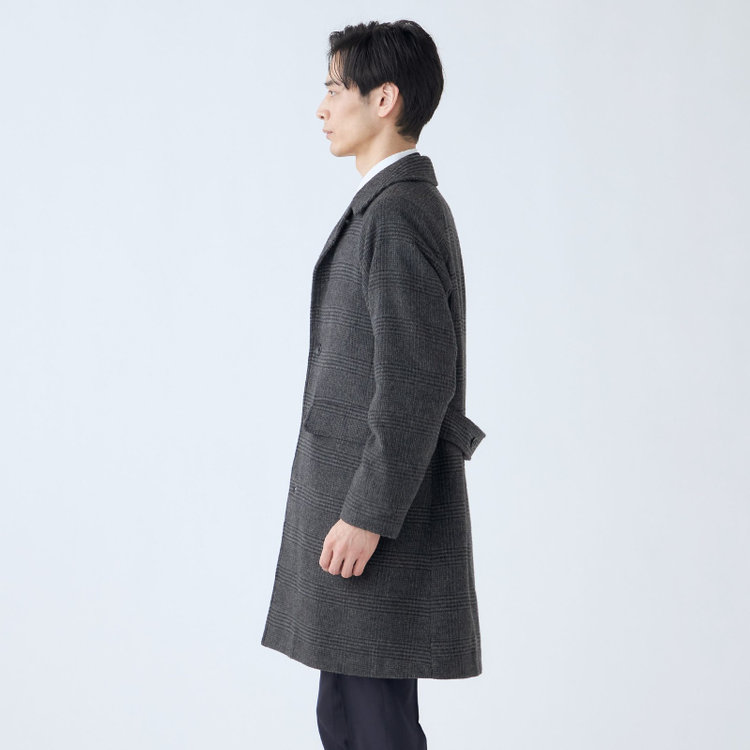 ソノタ（KONAKA用） 【KANSAIMAN collection】ウールブレンド シングルラグランバックベルトコート/グレー×チェック/RE:NEWOOL グレー中間