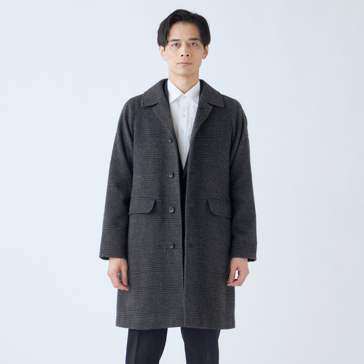 ソノタ（KONAKA用） 【KANSAIMAN collection】ウールブレンド シングルラグランバックベルトコート/グレー×チェック/RE:NEWOOL グレー中間