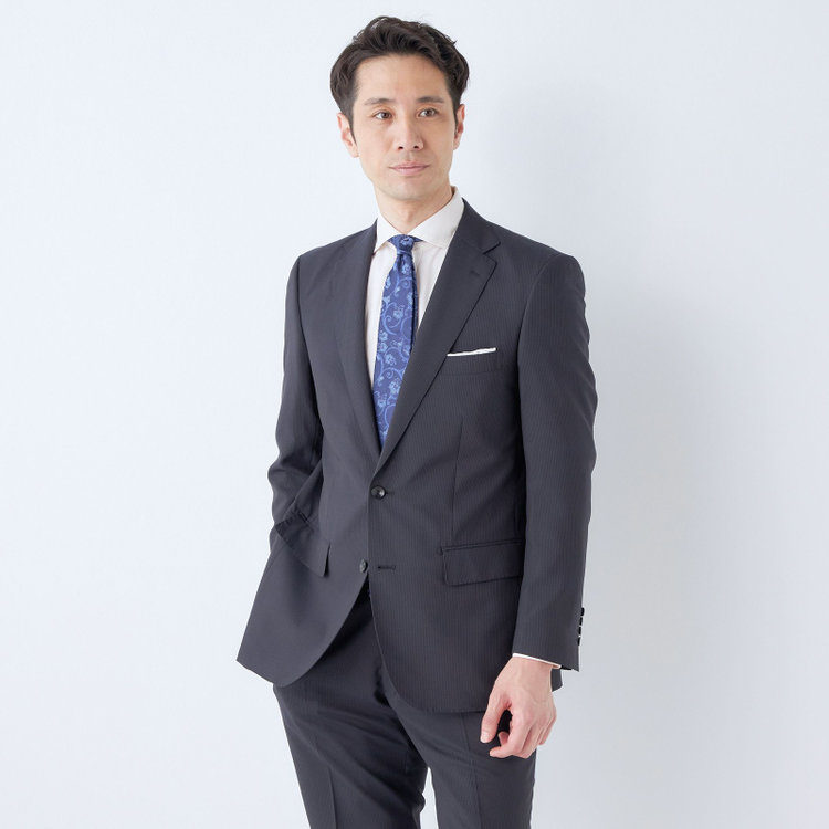 ＫＡＮＳＡＩＭＡＮ 【KANSAIMAN collection】【春夏】2釦シングルスーツ ショートタック/ネイビー×ストライプ/ULTRA LIGHT SPEC・シャワークリーン※裾直し必要 紺中間