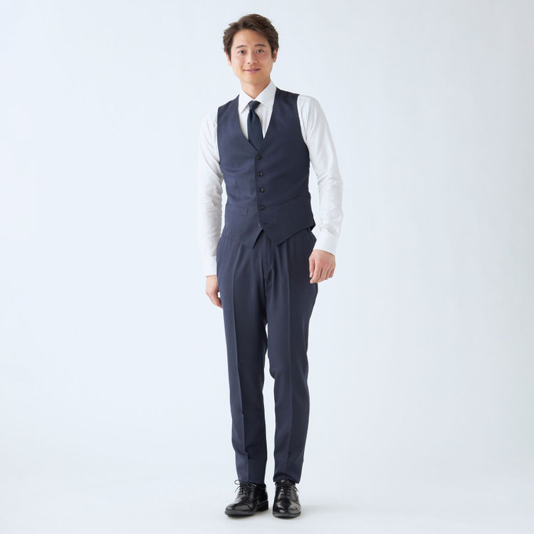 ＪＰ コンフォート 【JOHN PEARSE comfort】【年間】2釦シングルスリーピーススーツ ショートタック/ネイビー/ウエストシャーリング仕様/ULTRA MOVE/※裾上げ必要 青濃色