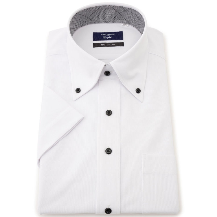 ＪＰ コンフォート 【半袖】【JOHN PEARSE comfort navy】ボタンダウンカラーワイシャツ/ホワイト/襟裏別布：チェック/釦：ブラック/ULTRA MOVE「ニット素材」「ノーアイロン」「ストレッチ」「高通気性」 白