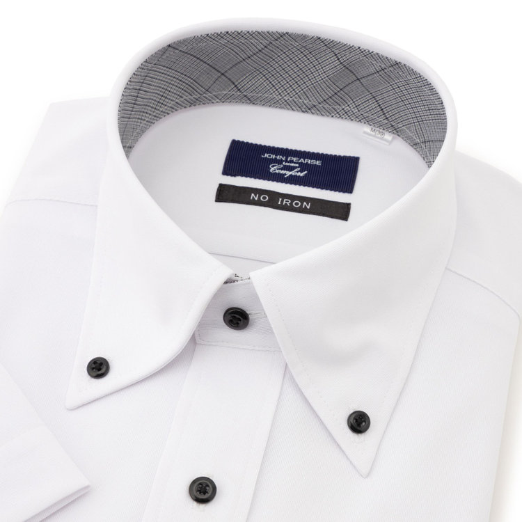 ＪＰ コンフォート 【半袖】【JOHN PEARSE comfort navy】ボタンダウンカラーワイシャツ/ホワイト/襟裏別布：チェック/釦：ブラック/ULTRA MOVE「ニット素材」「ノーアイロン」「ストレッチ」「高通気性」 白