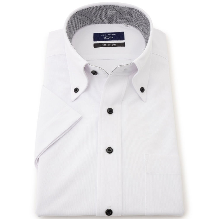 ＪＰ コンフォート 【半袖】【JOHN PEARSE comfort navy】ボタンダウンカラーワイシャツ/ホワイト/襟裏別布：チェック/釦：ブラック/ULTRA MOVE「ニット素材」「ノーアイロン」「ストレッチ」「高通気性」 白