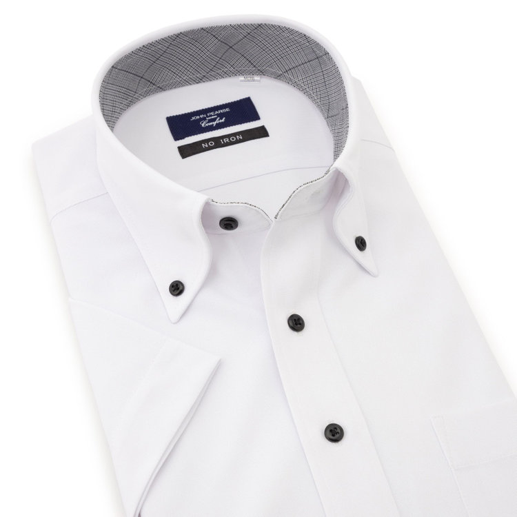 ＪＰ コンフォート 【半袖】【JOHN PEARSE comfort navy】ボタンダウンカラーワイシャツ/ホワイト/襟裏別布：チェック/釦：ブラック/ULTRA MOVE「ニット素材」「ノーアイロン」「ストレッチ」「高通気性」 白