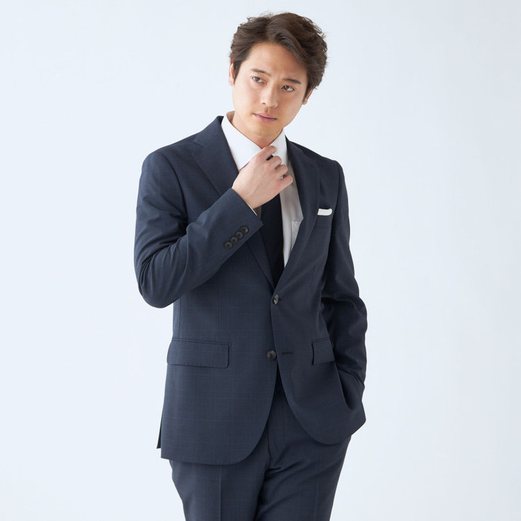 KONAKA　アウトレット 【WEB限定/OUTLET/汚れ・キズ等有】【JOHN PEARSE comfort】【春夏】2釦シングルスーツ ショートタック/ネイビー×チェック/ULTRA MOVE/TRABEST/ウエストシャーリング仕様/ウォッシャブル/ストレッチ/※裾上げ必要 紺中間