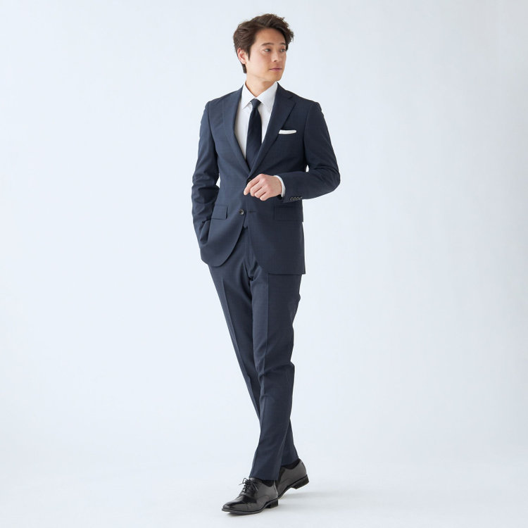 KONAKA　アウトレット 【WEB限定/OUTLET/汚れ・キズ等有】【JOHN PEARSE comfort】【春夏】2釦シングルスーツ ショートタック/ネイビー×チェック/ULTRA MOVE/TRABEST/ウエストシャーリング仕様/ウォッシャブル/ストレッチ/※裾上げ必要 紺中間