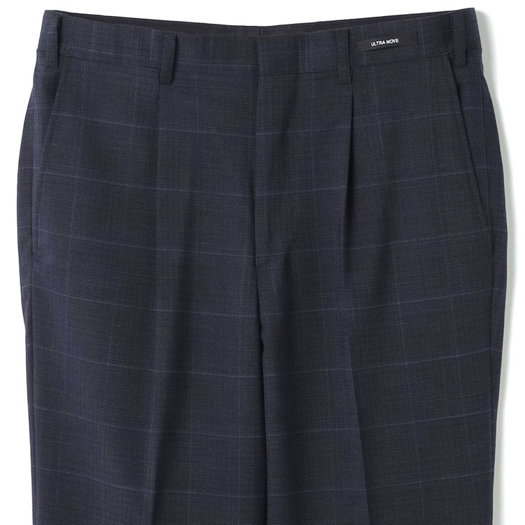 ジョンピアース 【JOHN PEARSE White】【春夏】ウール高機能ポリエステルブレンド 1タックスラックス/ネイビー×チェック/ウエストムーブ仕様/ULTRA MOVE/裾上げ必要 紺濃色