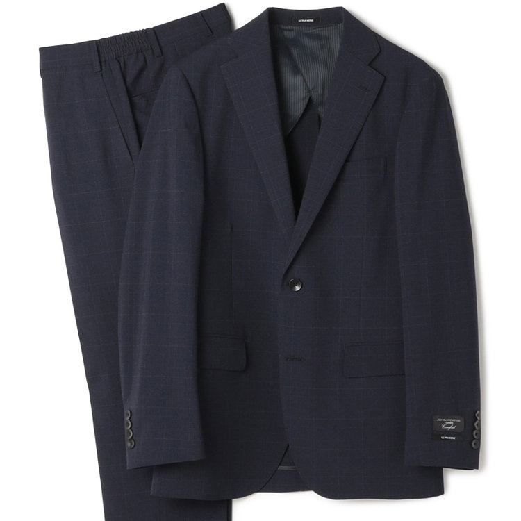 KONAKA　アウトレット 【WEB限定/OUTLET/汚れ・キズ等有】【JOHN PEARSE comfort】【春夏】2釦シングルスーツ ショートタック/ネイビー×チェック/ULTRA MOVE/TRABEST/ウエストシャーリング仕様/ウォッシャブル/ストレッチ/※裾上げ必要 紺中間