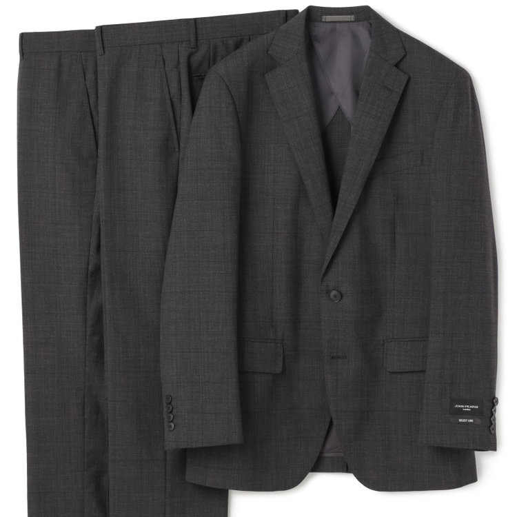 ＪＰセレクトライン 【JOHN PEARSE Black SELECT LINE】【春夏】スペアパンツ付き/2釦シングルスーツ/グレー×ウィンドペン/SHOWER CLEAN/※裾上げ必要 グレー濃色