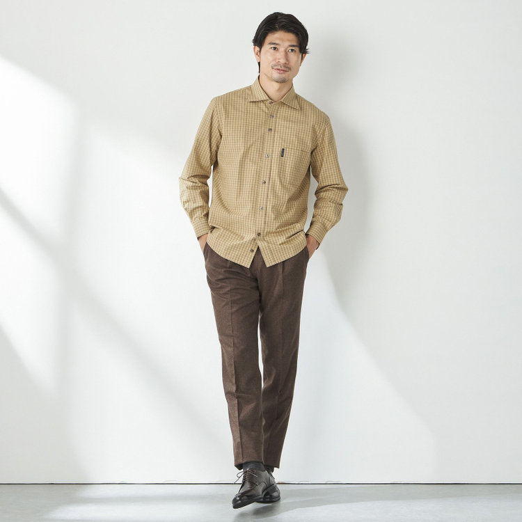 スタンリーブラッカ 【stanley blacker new york】【長袖】チェックシャツ/ベージュ 茶淡色