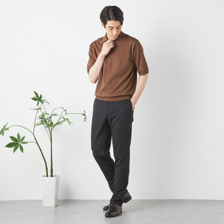 ハイスペックモーション 【HIGH SPEC MOTION】【年間】ノータックパンツ セットアップ / ブラック / メランジニット / ウォッシャブル / ビジカジ※裾直し必要 黒