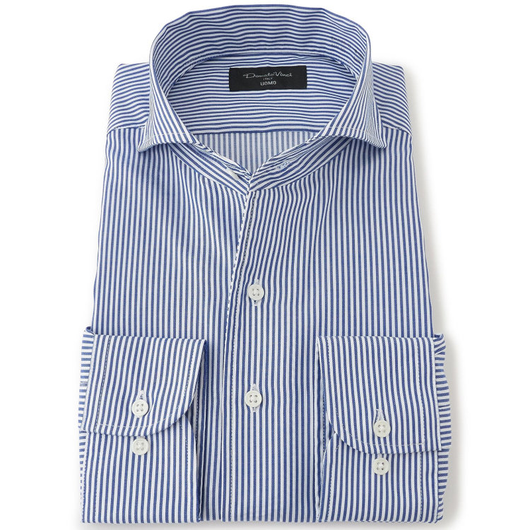 ドナートヴィンチウォモ 【Donato Vinci Italy Uomo】【STYLISH】【形態安定】【綿100％】ワンピースカラーカッタウェイワイシャツ/ホワイト×ネイビーストライプ 紺中間
