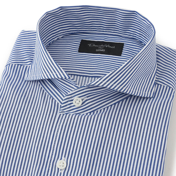 ドナートヴィンチウォモ 【Donato Vinci Italy Uomo】【STYLISH】【形態安定】【綿100％】ワンピースカラーカッタウェイワイシャツ/ホワイト×ネイビーストライプ 紺中間