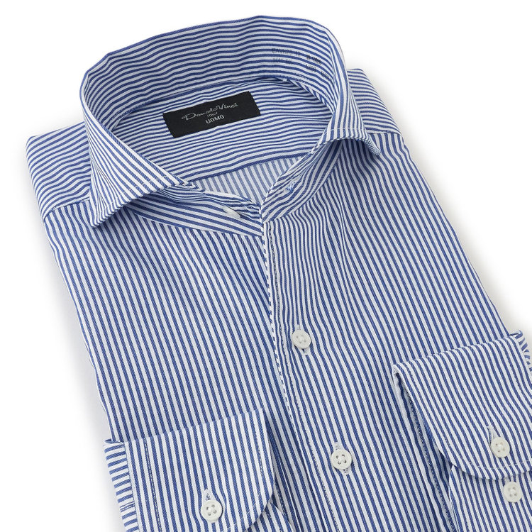 ドナートヴィンチウォモ 【Donato Vinci Italy Uomo】【STYLISH】【形態安定】【綿100％】ワンピースカラーカッタウェイワイシャツ/ホワイト×ネイビーストライプ 紺中間