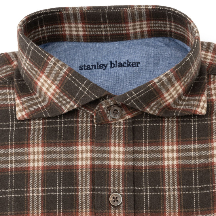 スタンリーブラッカ 【stanley blacker new york】【秋冬】フランネルチェックカッタウェイシャツ/ブラウン×カーキ 茶中間