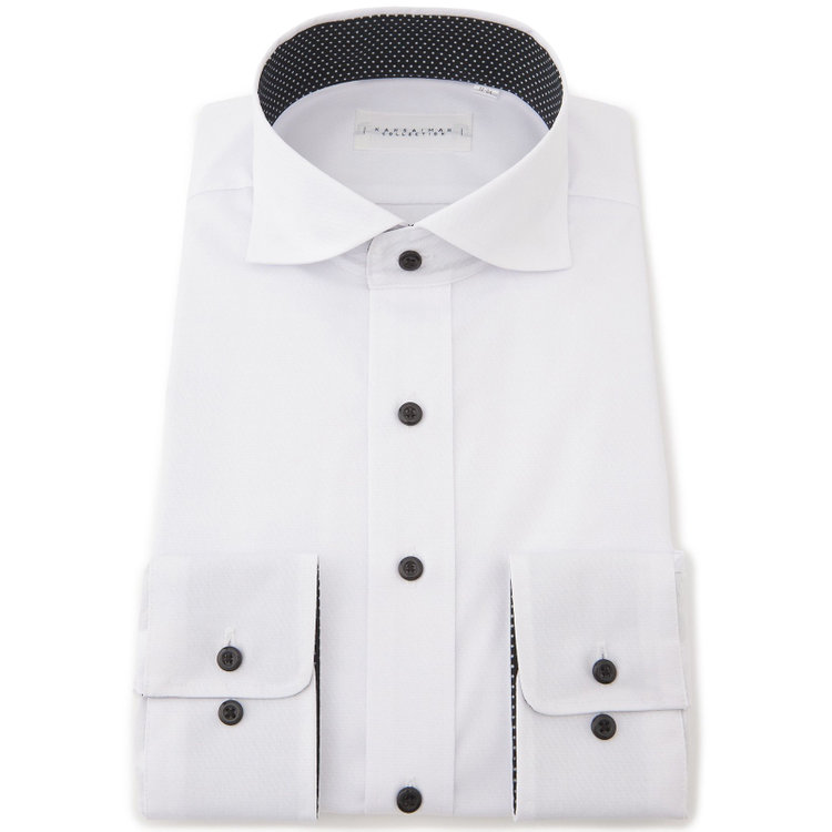 カンサイマンブルー 【for Special Days】【KANSAIMAN collection】【形態安定】【スタイリッシュシルエット】スナップダウンホリゾンタルワイドカラーワイシャツ/ホワイト×ドビーツイル/襟裏別布：ドット/釦：ブラック 白