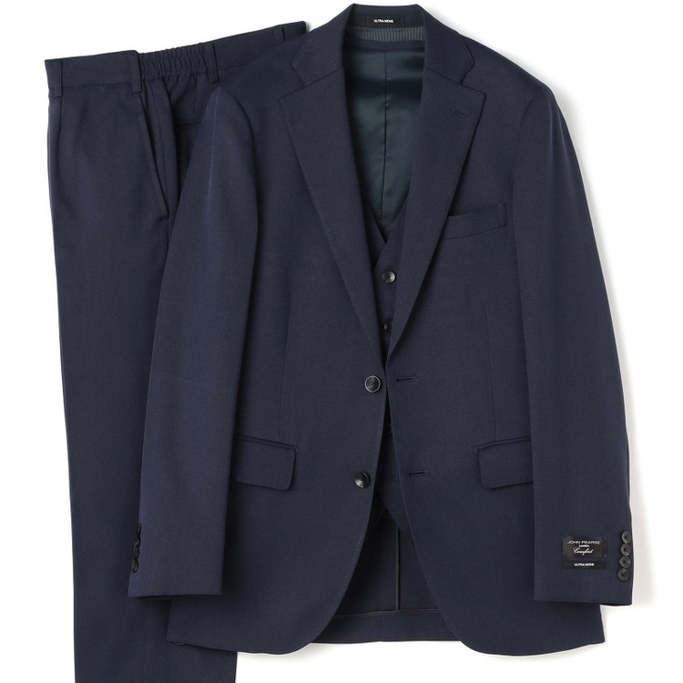 ＪＰ コンフォート 【JOHN PEARSE comfort】【年間】2釦シングルスリーピーススーツ ショートタック/ネイビー/ウエストシャーリング仕様/ULTRA MOVE/※裾上げ必要 青濃色