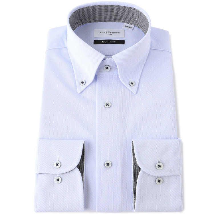 ジョンピアース 【JOHN PEARSE White】【ノーアイロン】ボタンダウンドレスワイシャツ/ブルー×ドビーツイル/釦付糸：ネイビー/ULTRA MOVE/ニット素材 青濃色