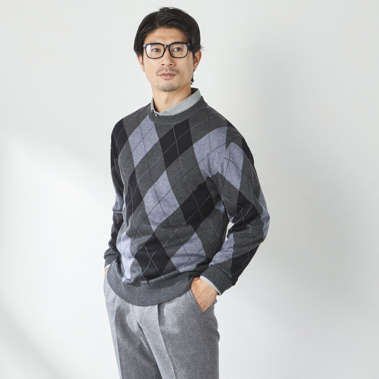 スタンリーブラッカ 【stanley blacker new york】【秋冬】アーガイルクルーネックニット/グレ グレー濃色