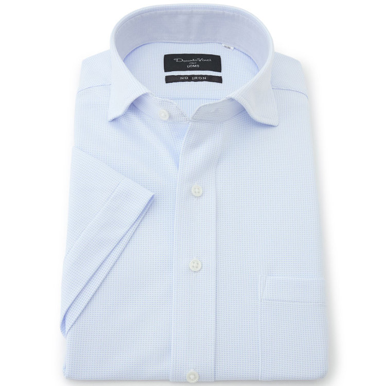 ドナートヴィンチウォモ 【FREEZETECH 氷撃：酷暑対策シャツ】【半袖】【Donato Vinci Italy Uomo】【STYLISH】【ノーアイロン】ワイドカラードレスワイシャツ/サックス×ドビー/襟裏別布/ULTRA MOVE/ニット素材 青中間
