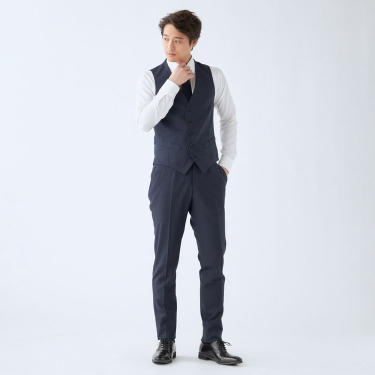 ＪＰ コンフォート 【JOHN PEARSE comfort】【年間】7WAY コーディネイトパンツ付き/2釦シングルスリーピーススーツ ショートタック/ネイビー×ソリッド+グレーパンツ/ウエストシャーリング/ウォッシャブル/ストレッチ/ULTRA MOVEM/※裾上げ必要 紺中間