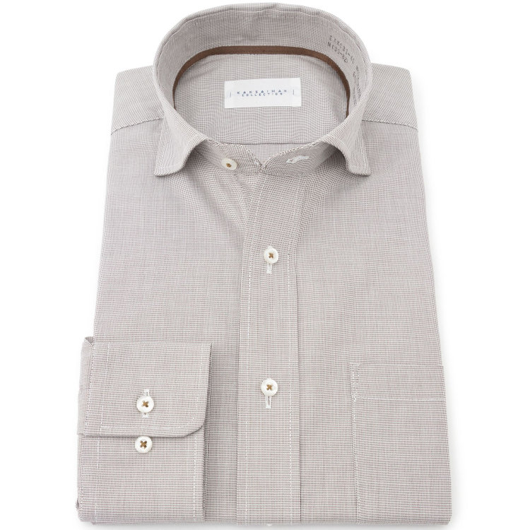 カンサイマンブルー 【パーソナルカラーシャツ】【KANSAIMAN collection】【形態安定】【スタイリッシュシルエット】ワイドカラースナップダウンワイシャツ/ブラウン×刺し子柄 茶中間