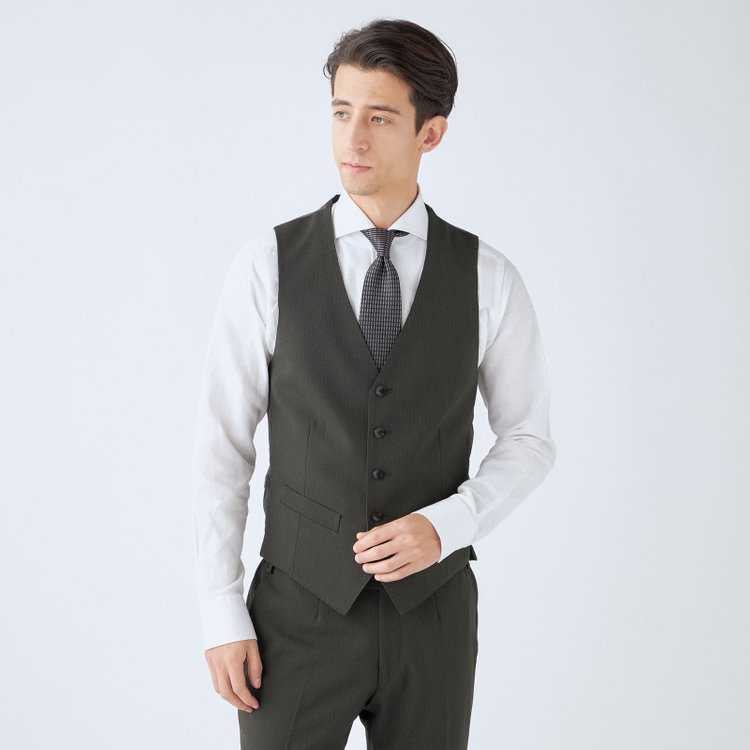 ＪＰ コンフォート 【JOHN PEARSE comfort】【年間】2釦シングルスリーピーススーツ ショートタック/カーキ/ウエストシャーリング仕様/「ULTRA MOVE」ストレッチ・ウォッシャブル/※裾上げ必要 緑中間