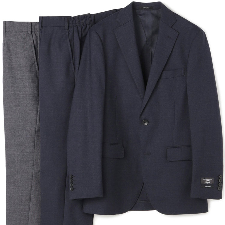 ＪＰ コンフォート 【JOHN PEARSE comfort】【年間】7WAY コーディネイトパンツ付き/2釦シングルスリーピーススーツ ショートタック/ネイビー×ソリッド+グレーパンツ/ウエストシャーリング/ウォッシャブル/ストレッチ/ULTRA MOVEM/※裾上げ必要 紺中間