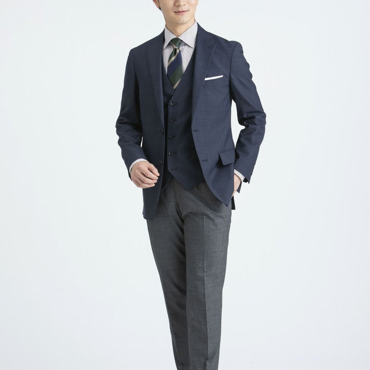 ＪＰ コンフォート 【JOHN PEARSE comfort】【秋冬】7WAY コーディネイトパンツ付き/2釦シングルスリーピーススーツ ショートタック/ネイビー×ソリッド+グレーパンツ/ULTRA MOVE/ウエストシャーリング/ウォッシャブル/ストレッチ ネイビー系(紺)