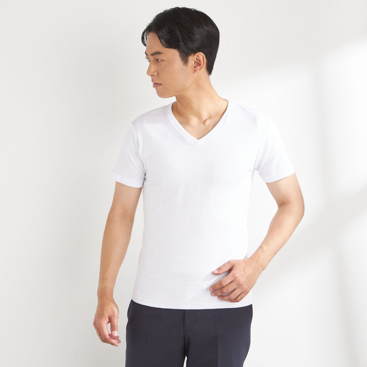 【HOTMOVE】Vネック半袖Tシャツ(ホワイト系・無地)