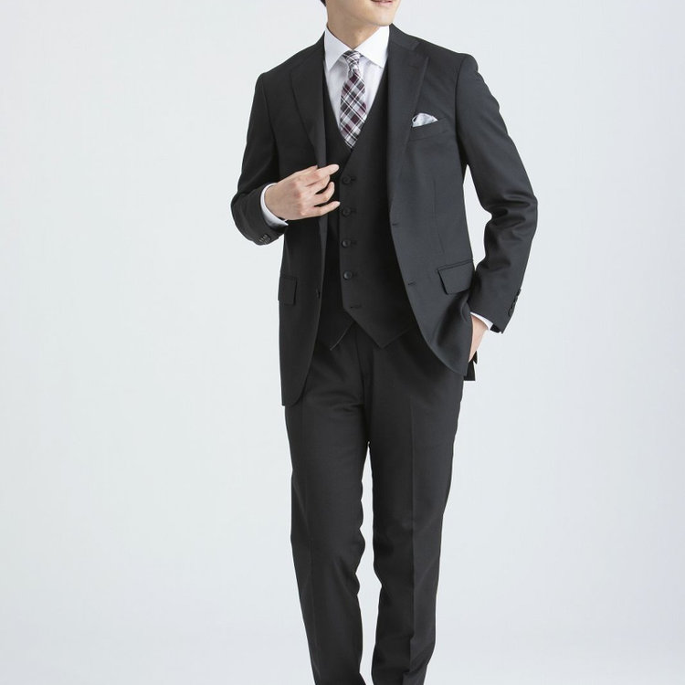 ＪＰ コンフォート 【JOHN PEARSE comfort】【秋冬】7WAY コーディネイトパンツ付き/2釦シングルスリーピーススーツ ショートタック/ブラック×ソリッド+グレーパンツ/ULTRA MOVE/ウエストシャーリング/ウォッシャブル/ストレッチ ブラック系(黒)