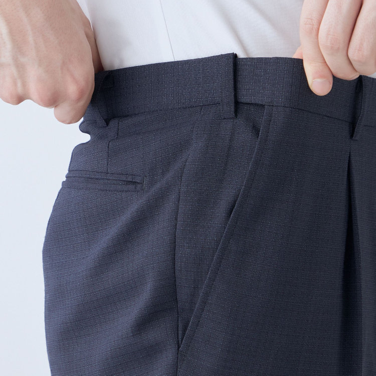 ジョンピアース 【JOHN PEARSE White】【春夏】ウールブレンド 1タックパンツ/ネイビー×チェック/ウエストムーブ仕様/ULTRA LIGHT SPEC※裾上げ必要 紺濃色