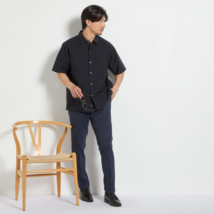 スタンリーブラッカ 【stanley blacker new york】【半袖】コットンリネンシャツ/ネイビー 紺濃色