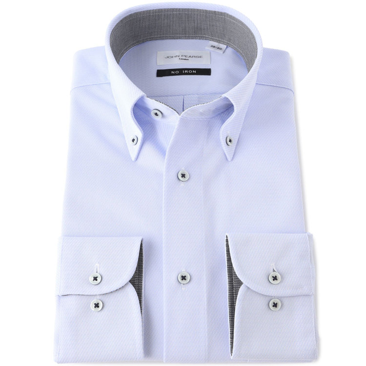 ジョンピアース 【JOHN PEARSE White】【ノーアイロン】ボタンダウンドレスワイシャツ/ブルー×ドビーツイル/釦付糸：ネイビー/ULTRA MOVE/ニット素材 青濃色