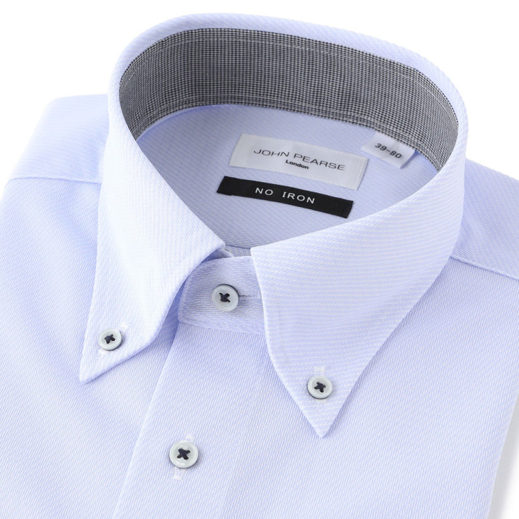 ジョンピアース 【JOHN PEARSE White】【ノーアイロン】ボタンダウンドレスワイシャツ/ブルー×ドビーツイル/釦付糸：ネイビー/ULTRA MOVE/ニット素材 青濃色