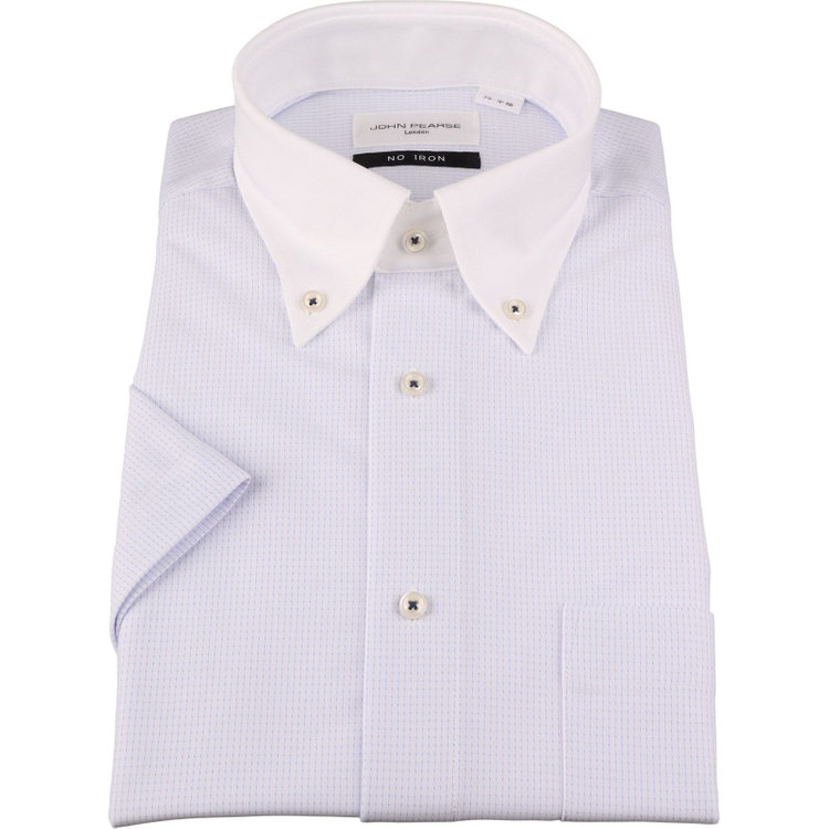 ジョンピアース 【半袖】【JOHN PEARSE White】【ノーアイロン】クレリックボタンダウンドレスワイシャツ/襟：ホワイト+ホワイト×ブルー刺子柄/釦付糸：パープル/ULTRA MOVE/ニット素材 ブルー系(青)