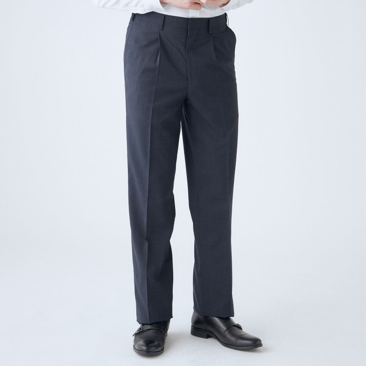 ジョンピアース 【JOHN PEARSE White】【春夏】ウールブレンド 1タックパンツ/ネイビー×チェック/ウエストムーブ仕様/ULTRA LIGHT SPEC※裾上げ必要 紺濃色