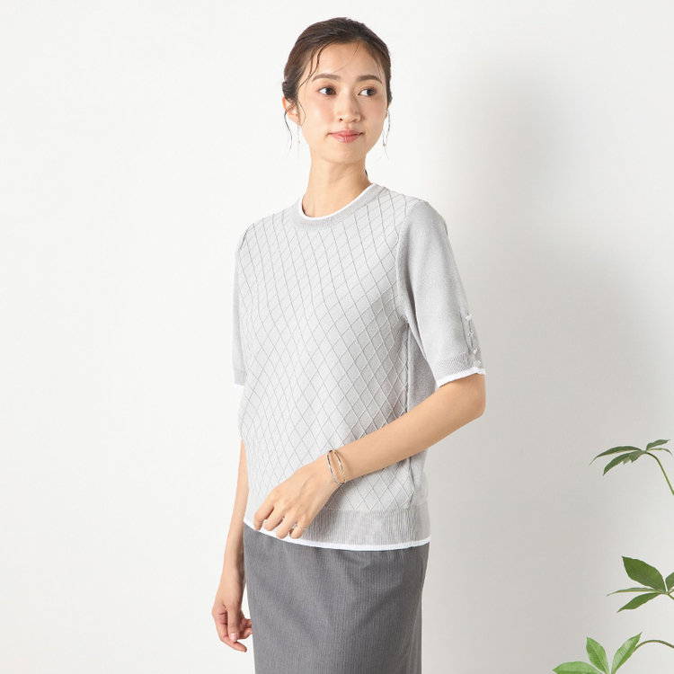 ナチュラル　ビューティー 【NATURAL BEAUTY】【五分袖】ダイヤ柄 バイカラークルーネックニット / グレー×ホワイト / UVカット グレー中間