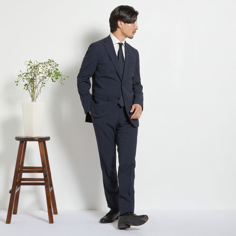 ＪＰ コンフォート 【JOHN PEARSE comfort】【春夏】2釦シングルスーツ ショートタック/ネイビー×チェック/ULTRA MOVE/TRABEST/ウエストムーブ仕様/ウォッシャブル/ストレッチ/※裾上げ必要 紺中間