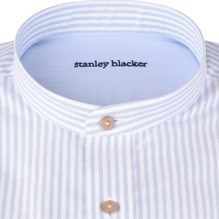 スタンリーブラッカ 【stanley blacker】【長袖】バンドカラーシャツ/ホワイト＆サックスブルー×ストライプ ブルー系(青)