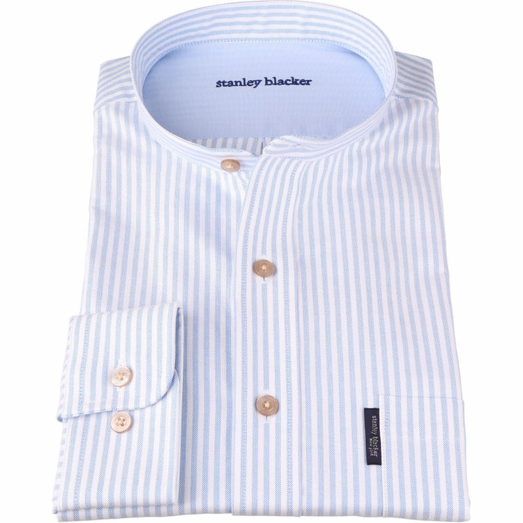 スタンリーブラッカ 【stanley blacker】【長袖】バンドカラーシャツ/ホワイト＆サックスブルー×ストライプ ブルー系(青)