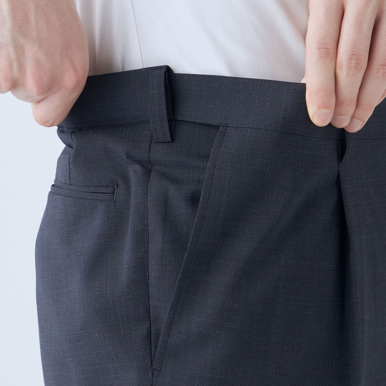 ジョンピアース 【JOHN PEARSE White】【春夏】ウールブレンド 1タックパンツ/ネイビー×チェック/ウエストムーブ仕様/ULTRA LIGHT SPEC※裾上げ必要 紺濃色