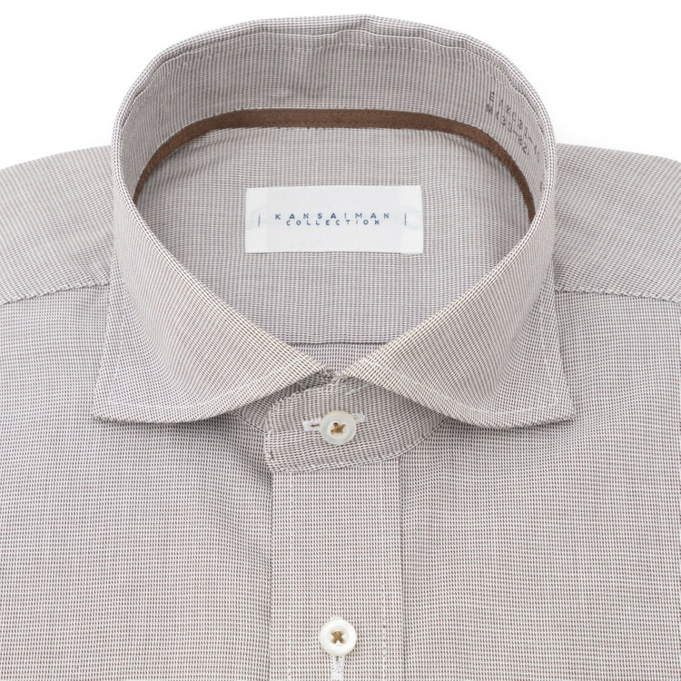 カンサイマンブルー 【パーソナルカラーシャツ】【KANSAIMAN collection】【形態安定】【スタイリッシュシルエット】ワイドカラースナップダウンワイシャツ/ブラウン×刺し子柄 茶中間