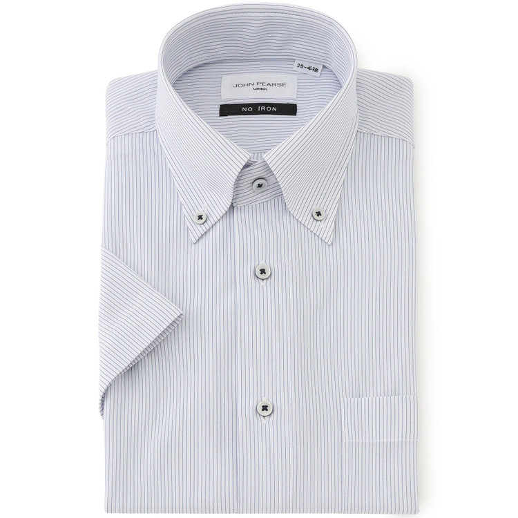 ジョンピアース 【半袖】【JOHN PEARSE White】【ノーアイロン】ボタンダウンドレスワイシャツ/ホワイト×ネイビーストライプ/ULTRA MOVE/ニット素材 青濃色
