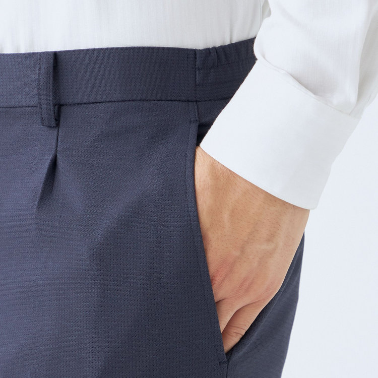 KONAKA　アウトレット 【WEB限定/OUTLET/汚れ・キズ等有】【JOHN PEARSE comfort navy】【春夏】機能性ポリエステル 1タックパンツ/ネイビー/ウエストシャーリング仕様/ULTRA MOVE/RIRANCHA※裾上げ必要 紺濃色